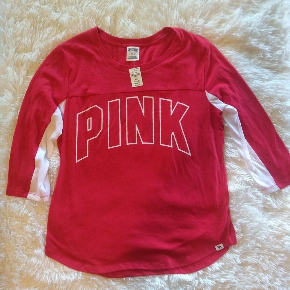 PINK Victoria's Secret Medium Red White 3/4 Sleeve